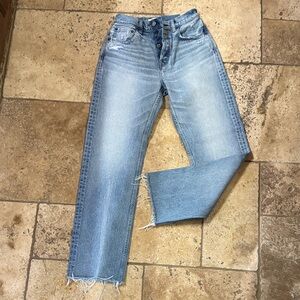 Moussy Light Blue Straight Leg Jeans with Raw Hem